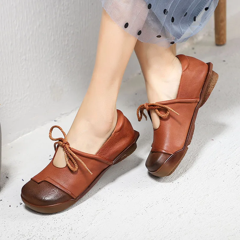 

2019 spring summer leather ladies shoes flat heel round head shallow lace up shoes women round toe ballet flats