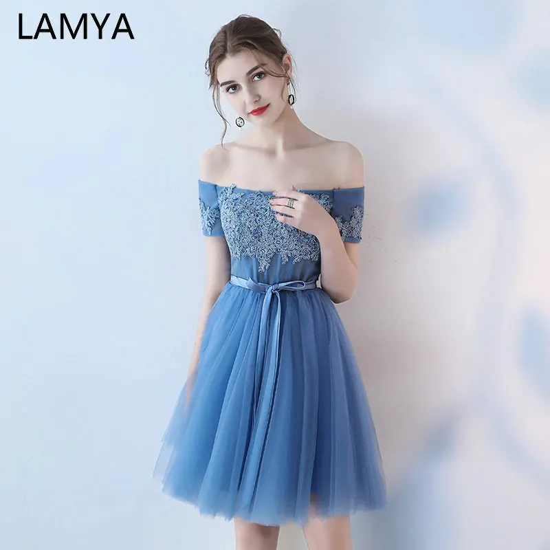

LAMYA Customized Knee Length Ball Gown Prom Dresses Elegant Lace Appliques Formal Party Dress Sexy Lace Up robe de soiree