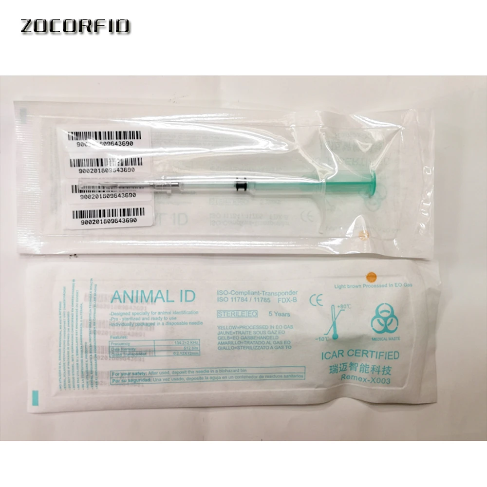 50pcs 134.2KHz Stanard ISO Chip FDX-B 2.12*12mm RFID microchip injector Animal syringe with glass tags+1 pcs reader