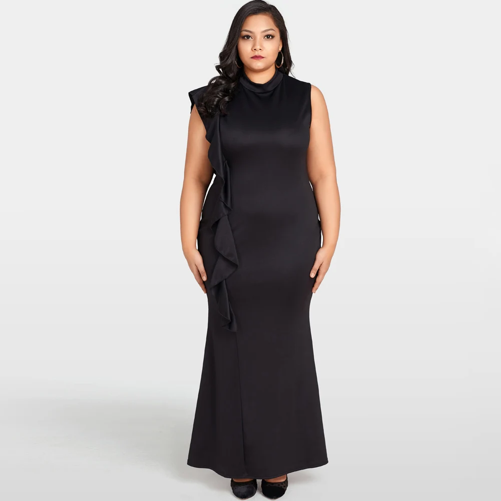 Sexy Women Club Dress Plus Size Ruffle Side Stand Collar Sleeveless