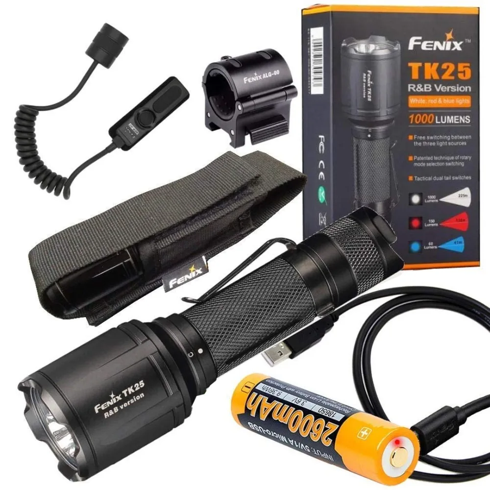 

Fenix TK25 R&B 1000 Lumen Multi-Color White Red & Blue LED Tactical Flashlight with Battery,ALG 00 Mount, AER-03,Switch,