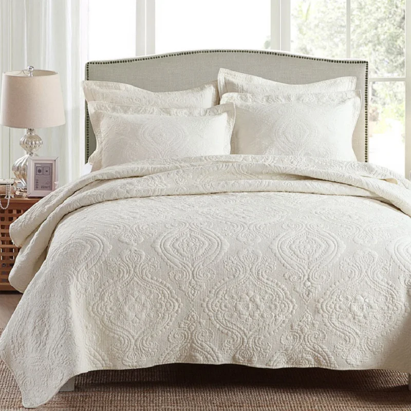  Solid White Beige Green color Soft Cotton Quilted Bedspread Queen size Embroidered Bedspread Quilte
