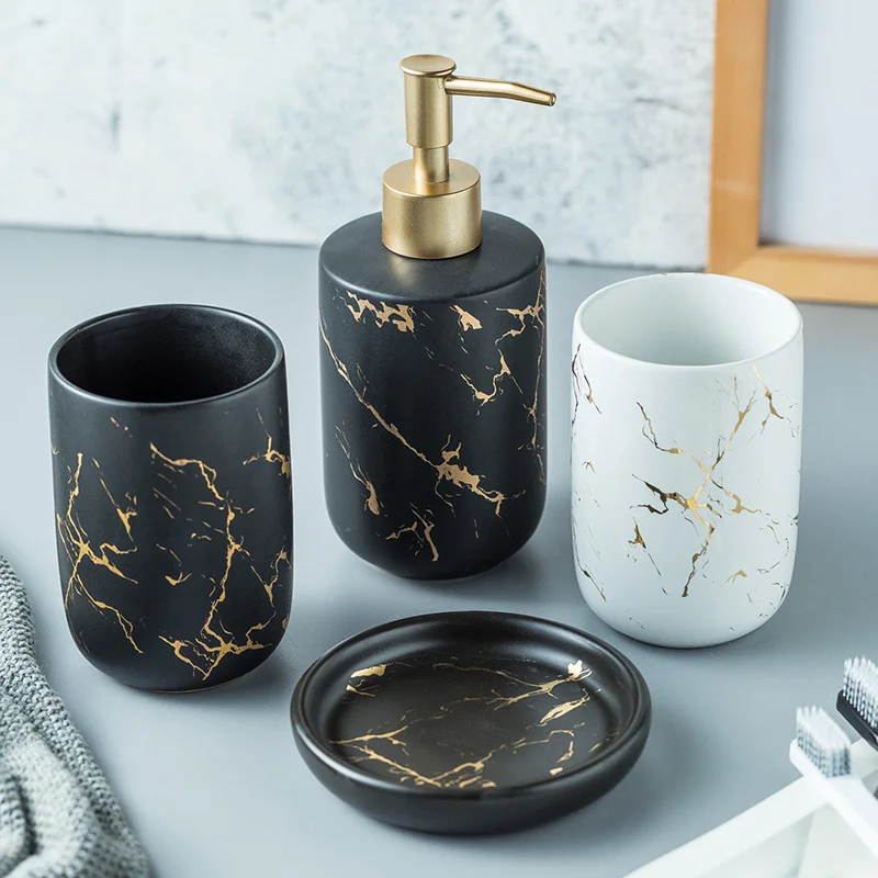 Nordic luxury marbled ceramic bathroom five-piece creative toothbrush mouth mug wedding gift wash set