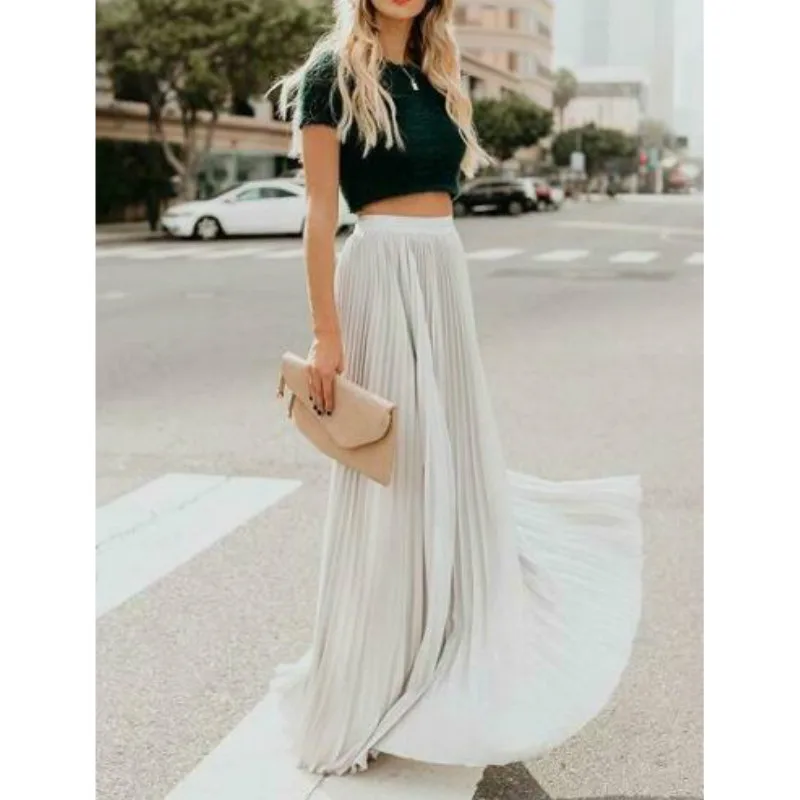Женская модная элегантная однотонная плиссированная юбка до щиколотки с высокой талией