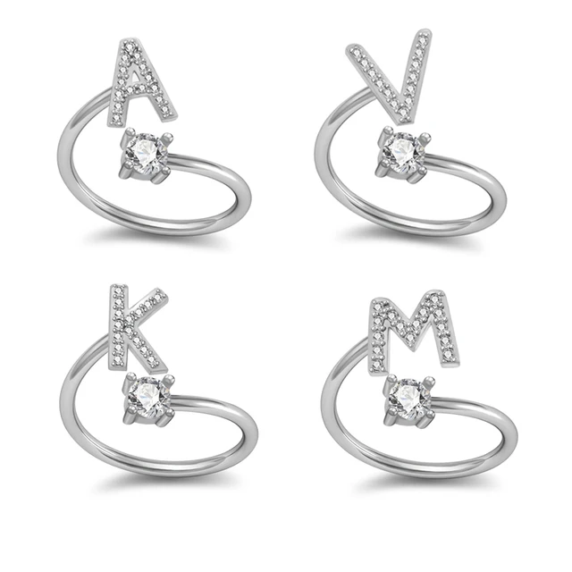Fashion 26 Letters Silver Ring For Women Rhinestone Open