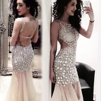Scoop Neckline Women Crystal Backless Tulle Mermaid Prom Dresses Long Evening Gowns With Beads And Sequins Floor Lengh