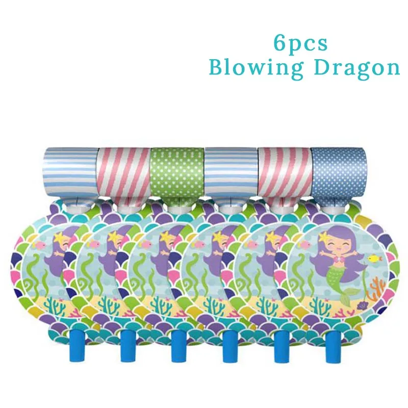 Вечерние столовые приборы в форме русалки для вечеринки в честь Дня Рождения, бумажные тарелки, чашки с фольгированные шары с русалкой, Декор, вечерние принадлежности для девочек - Цвет: 6pcs Blowing Dragon