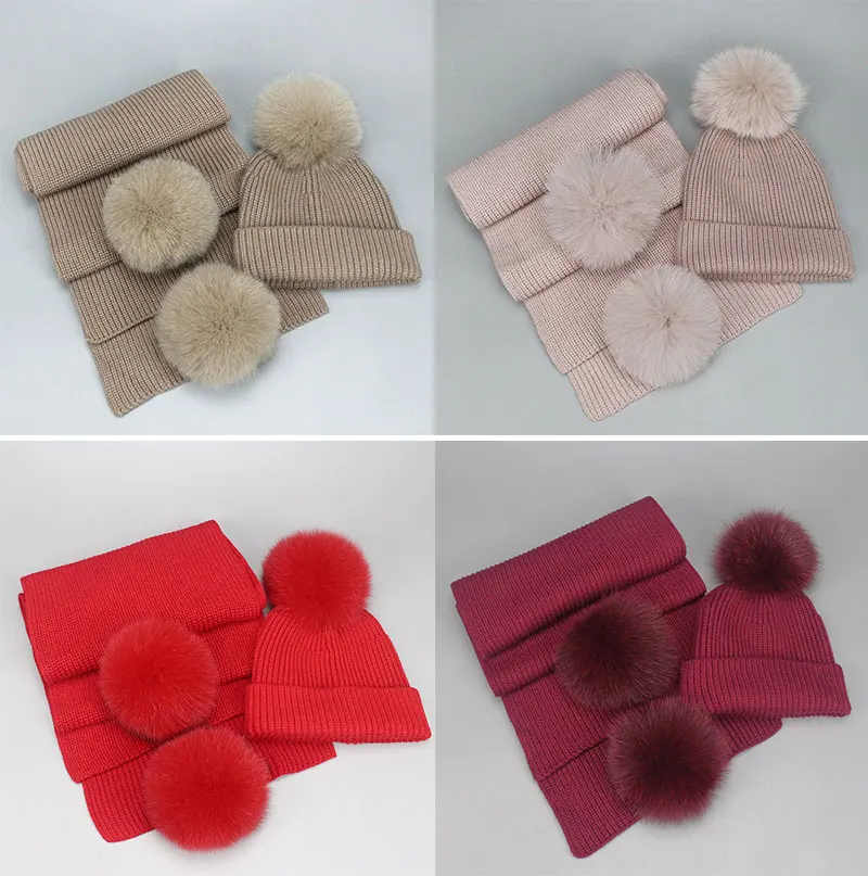 Winter Beanies Fox Pompom Fur Wool Knitted Hat The Female Of The Mink Caps Beanie Hats For Women Girl 'S Hats Scarves Cap Scarf