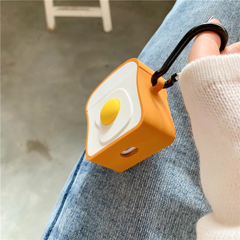 3D защитный чехол для AirPods 2 милый силиконовый чехол для наушников с Bluetooth чехол для Apple Airpods гренок с яйцом дизайн с брелоком
