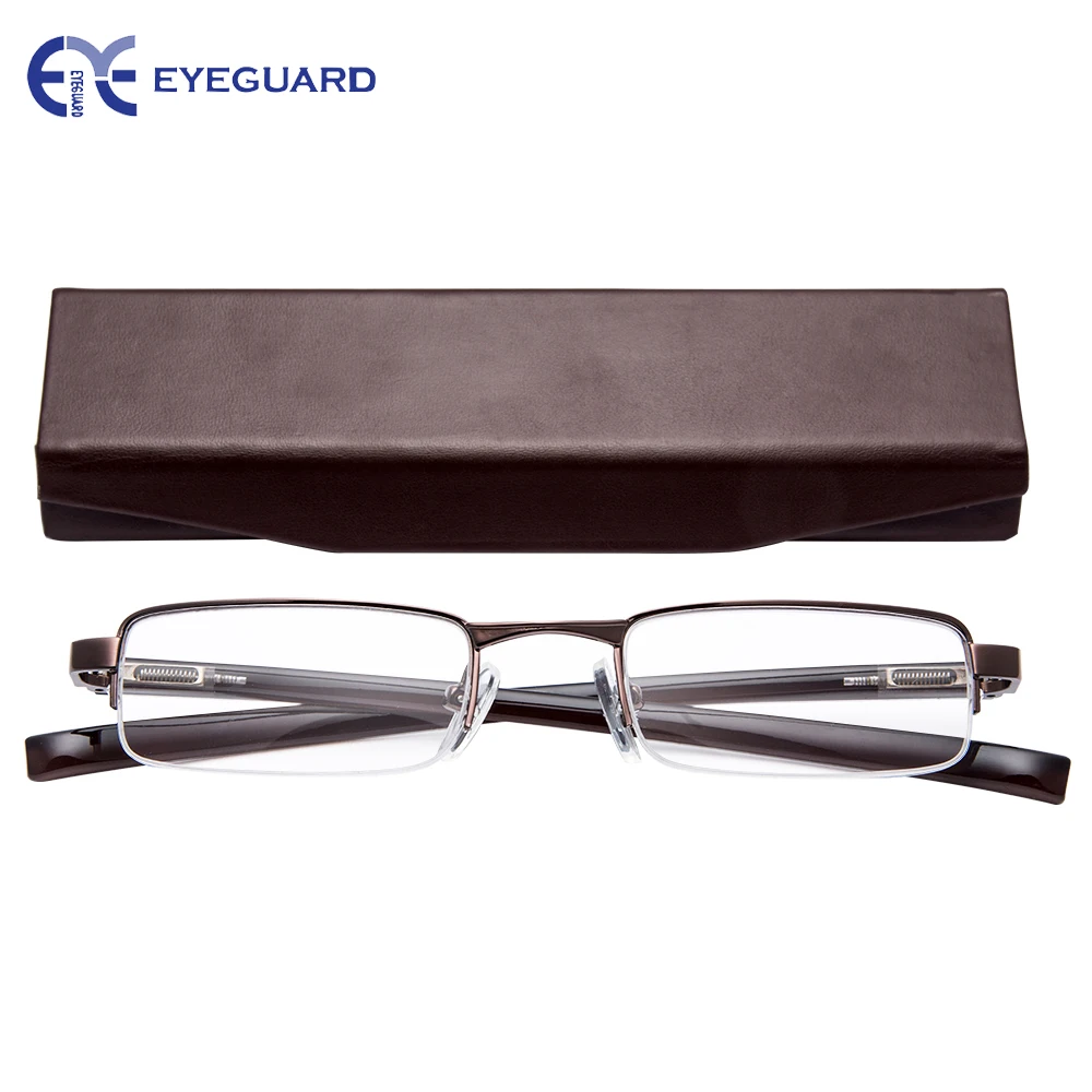 

EYEGUARD Half Metal Frame Mini Size Lens Reading Glasses Readers Unisex with Hard Case Brown