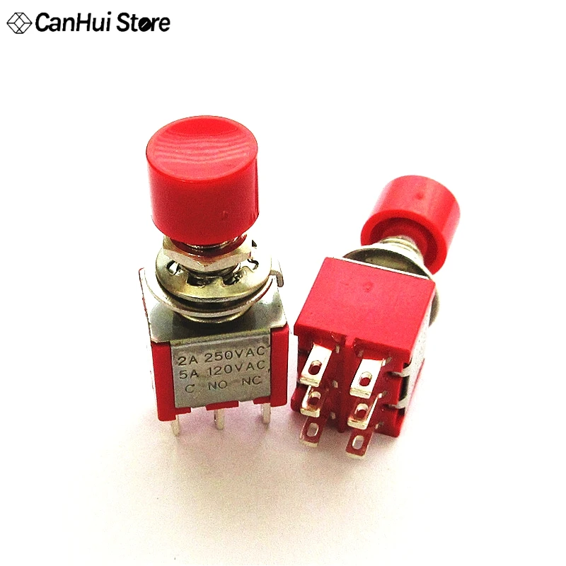 

2pcs 6mm Push Button Switch ON-(ON ) 6pins Toggle Switch PS-202 Small Red Cap Circular Self Reset Button