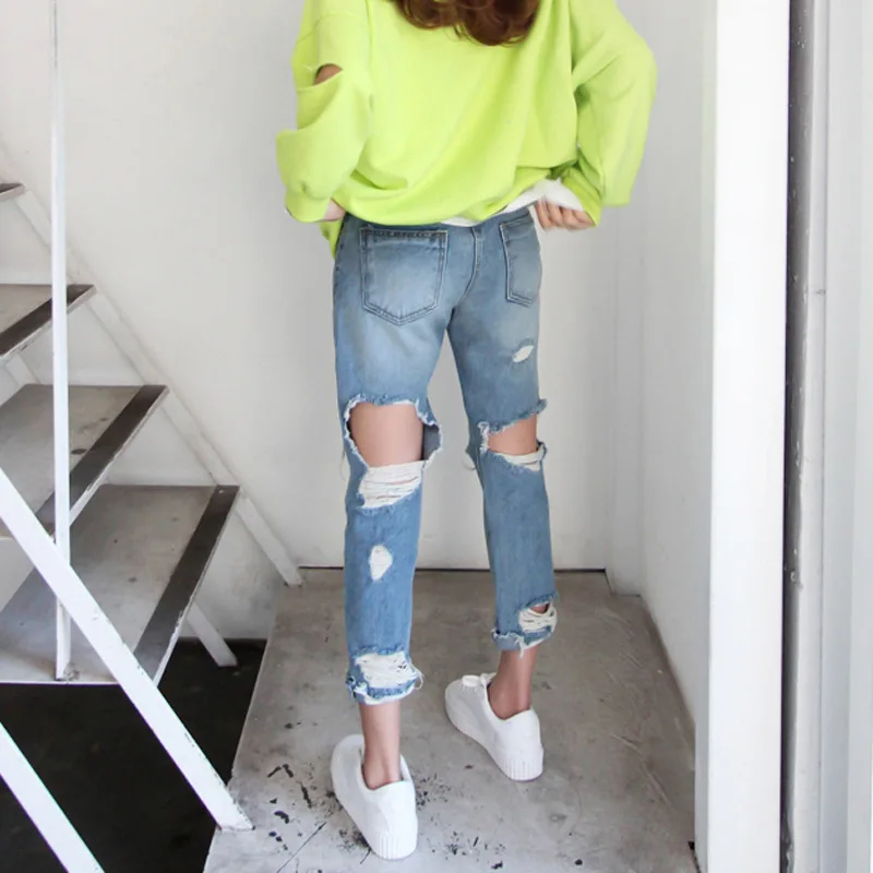

Ripped Womens Jeans Denim Blue Skinny High Waist Pencil Pants Zippers Ankle- Length Trousers