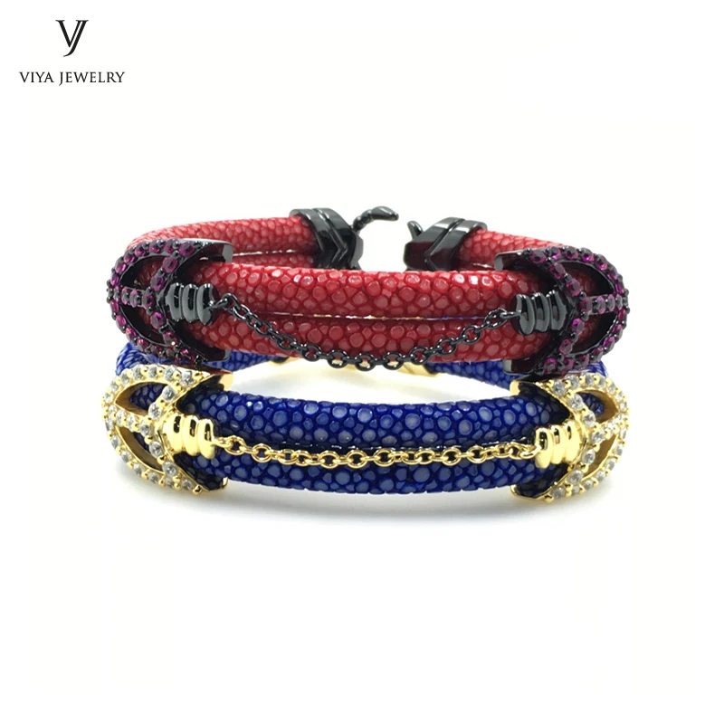 luxury 925 silver arrow bracelet with real stingray & python leather with zircon (1)