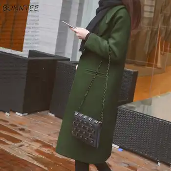 Wool Women 2019 Thicker Loose Elegant Solid Long Coat Korean Style Womens Chic Pockets Simple Trendy Woolen Coats Student Daily