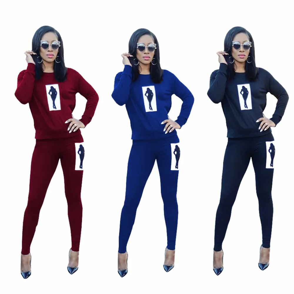 Two Piece Set Sexy Jumpsuit Women Long Sleeve Character Print Bodysuit
