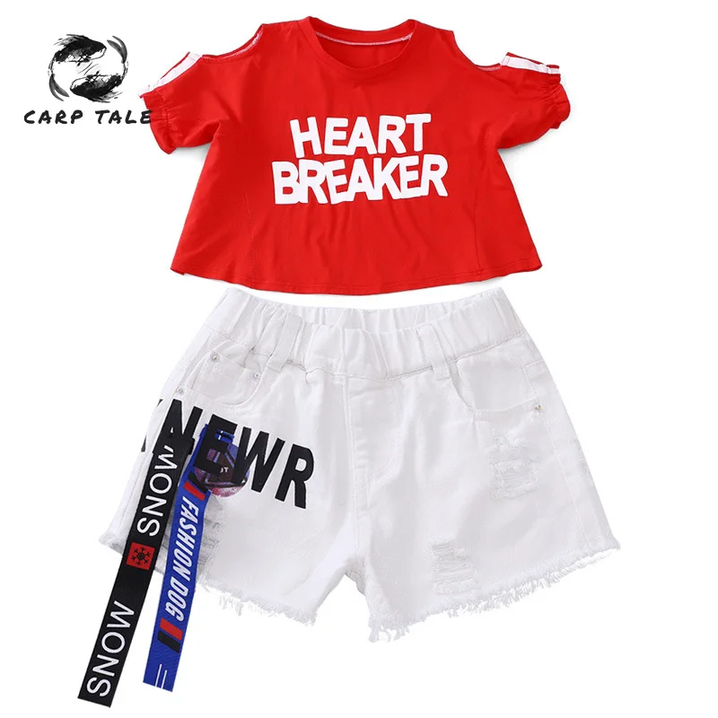 

Girls clothing 2019 summer letter red short sleeve + white denim shorts two-piece children's clothing girls casual suit