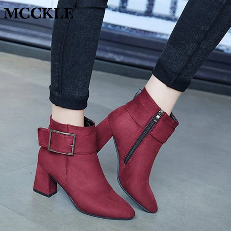 

MCCKLE Women Winter Block High Heels Ankle Boots Female Suede Pointed Toe Zipper Buckle Fashion Short Boots Ladies Office Shoes