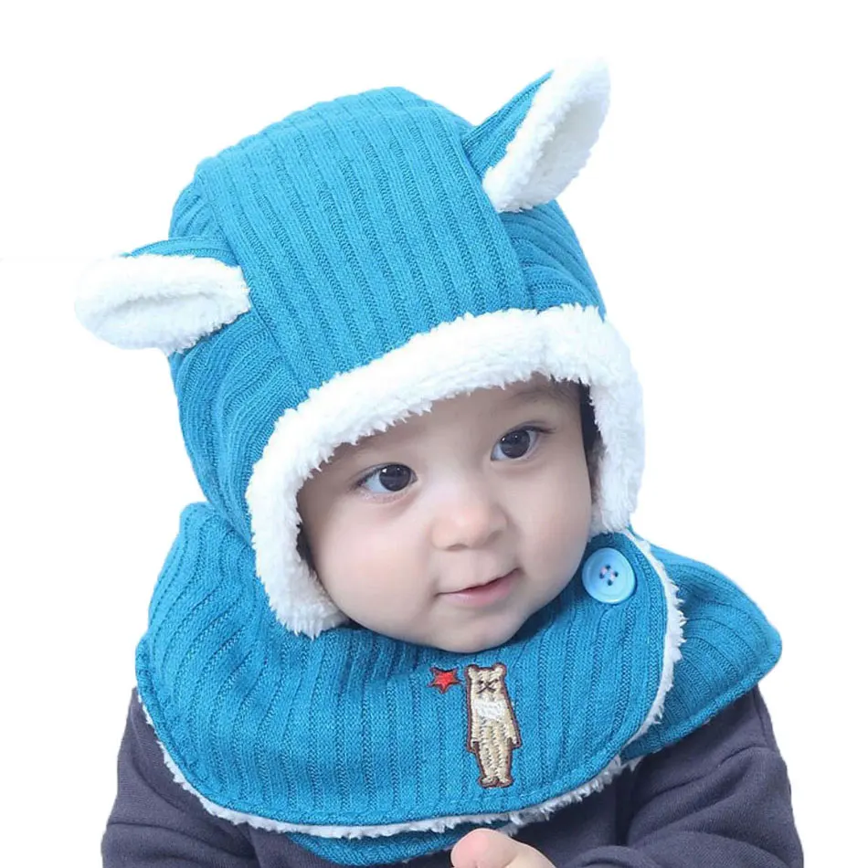 Winter Baby Girl Boys Hat Scarf Kids Knitted Hooded Scarf Child Rabbit ...