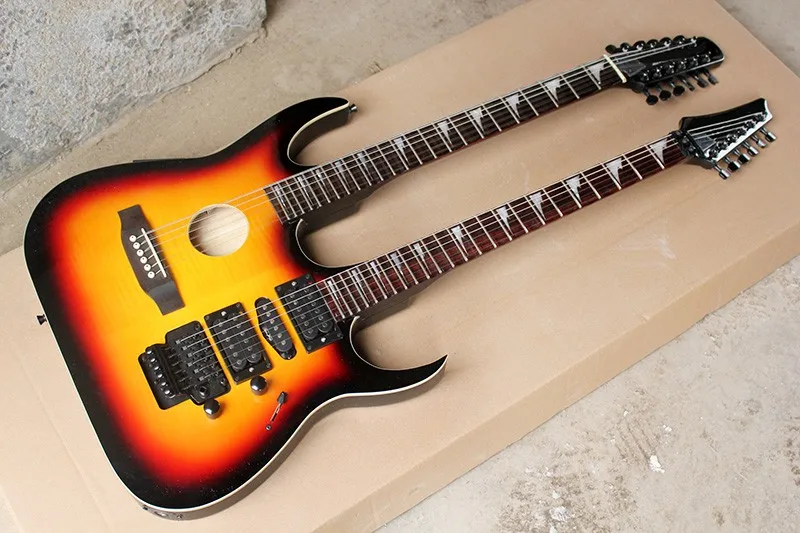 

Factory Sale double neck tobacco sunburst 6+12 String electric guitar with floyd rose HSH pickups,-17-11