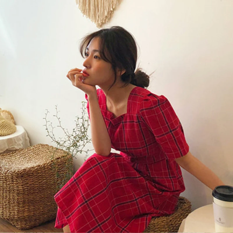 

Women Summer Long Cotton Red Plaid Dress Square Collar Short Sleeves A-line Vestidos Plus Size Vintage Robe Femme Sukienki