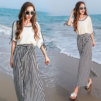 

CBAFU office lady new fashion chiffon 2 piece set off the shoulder loose blouse striped wide legs pants suit women's set D945