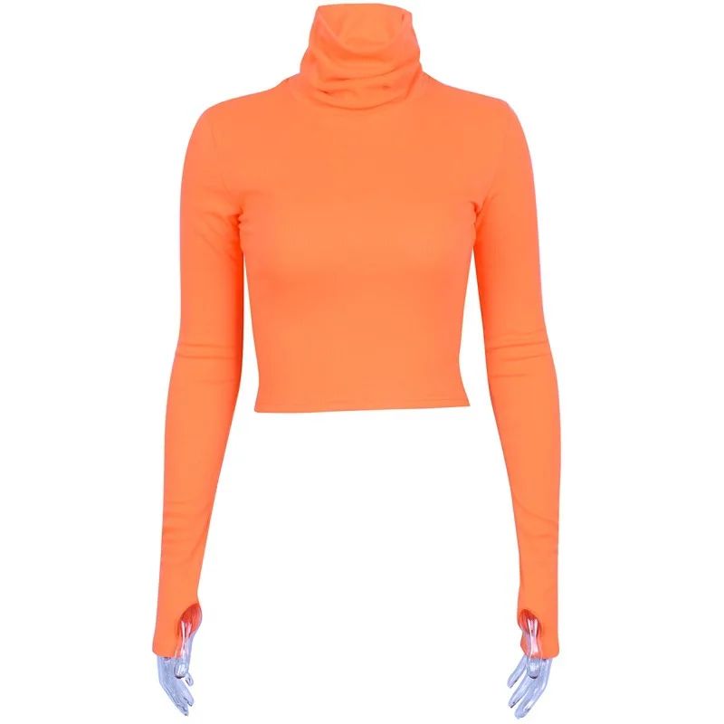 Aonibeier осенне-зимние женские футболки с высоким воротом, флуоресцентные цветные футболки с длинным рукавом, облегающие Женские топы с отверстием для пальцев