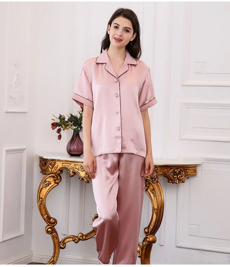 Шелковые пижамные комплекты для женщин, 2 штуки, чистый шелк, пижама, пижамный комплект, короткий рукав, длинные штаны размера плюс, принтованная домашняя одежда