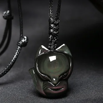 

Genuine Natural Black Obsidian Rainbow Color Flash Bead Pendant Fox Carved Donut Women Man Obsidian Necklace 35x10mm AAAAA