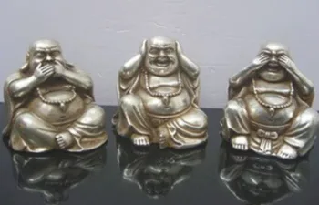 

SUIRONG---522+++Collectables Chinese tibet silver carved three not look not listen not say 3 buddha figurines