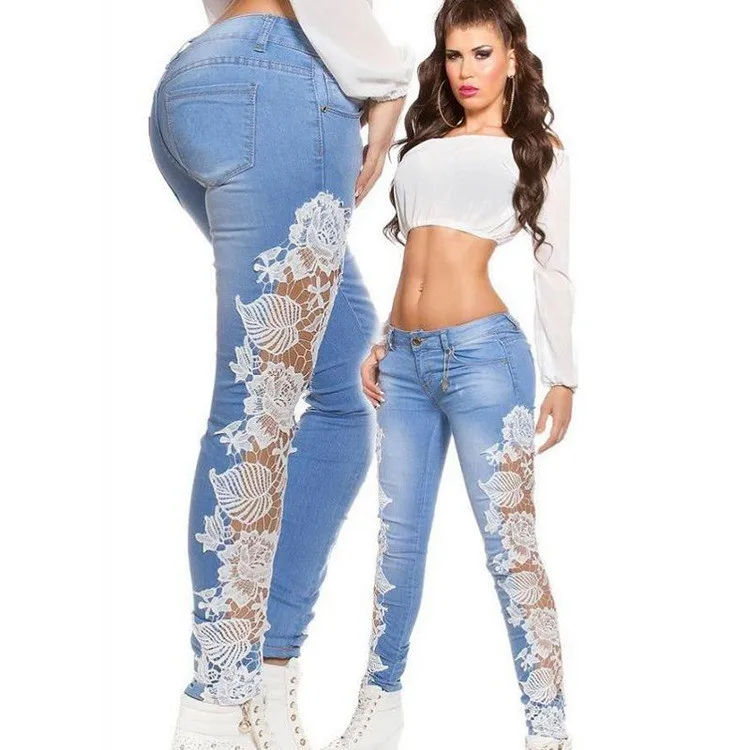 Сексуальные женские джинсы с низкой талией, кружевные потертые джинсы, вязанные крючком джинсы, узкие брюки для женщин FS0030