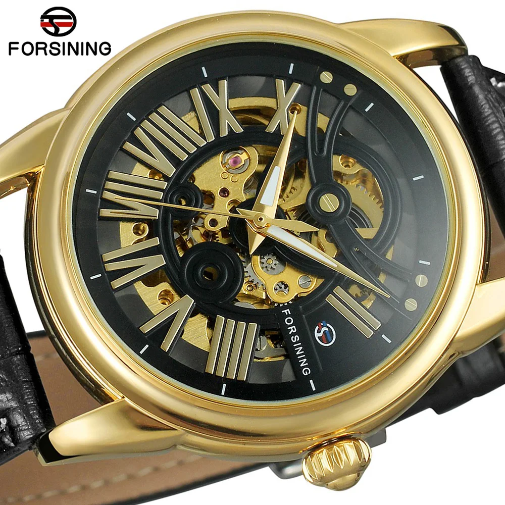Forsining ретро Скелет механические часы Для мужчин лучший бренд класса люкс Пояса из натуральной кожи Скелет automaitc наручные часы черное золото