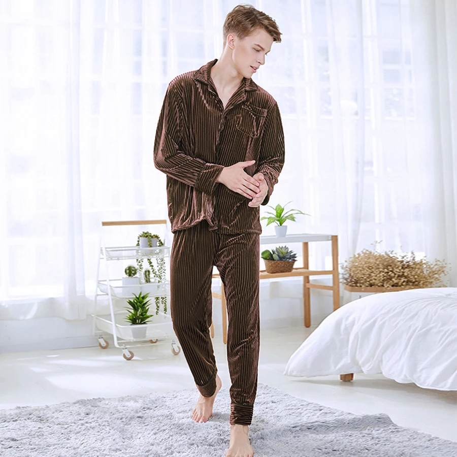 Бархатная Пижама Hombre пижама Homme Manches Longues Мужская одежда для сна ночное белье
