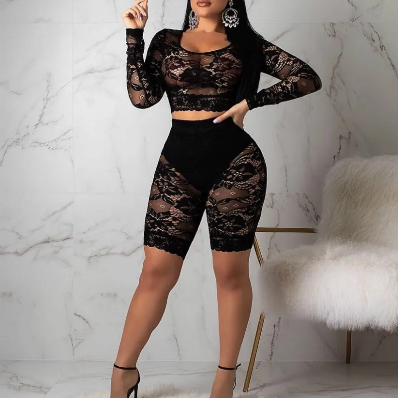 

Women's 2Pcs Lace Basic Suits Crop Top + Shorts Ladies Summer Erotic Sets