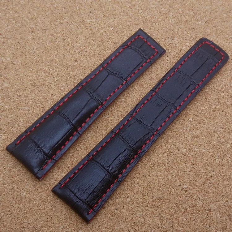 Hot 22 MM Black Watchband With Red Stitched Line Fashion Brand Watch men Straps Bracelet free