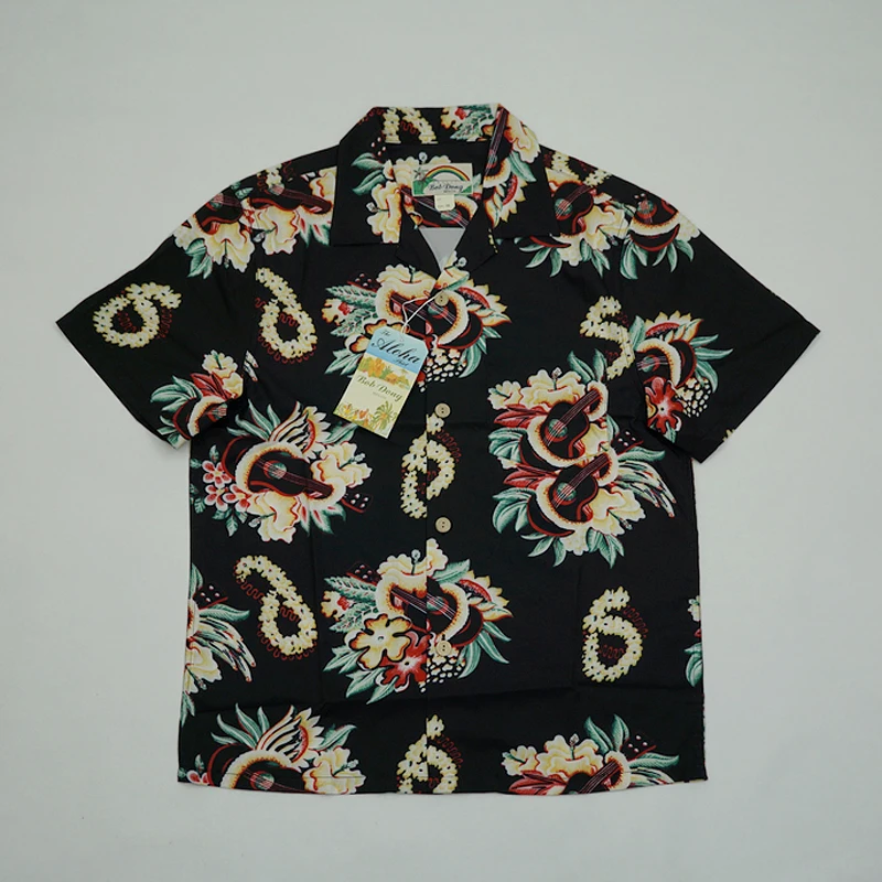 BOB DONG Steampunk Guitar Floral Print Casual Hawaiian Shirts Reggae Aloha Black 5