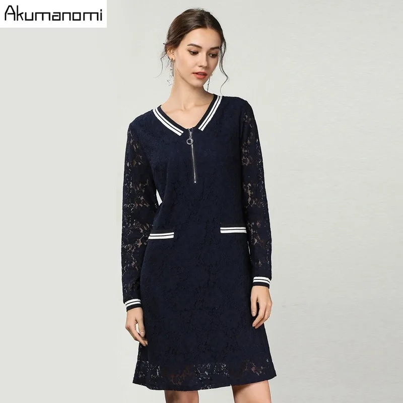 

Autumn Lace Dress Women Clothing Navy Blue Rib V-neck Full Sleeve Brief Office Lady Spring Dress Plus Size 5xl 4xl 3xl 2xl Xl-M