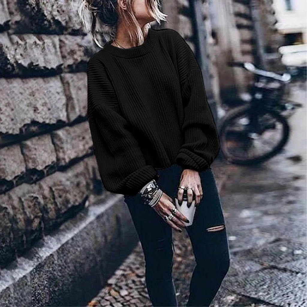 

women's sweater Woman Autumn Winter Long Sleeve O-neck Solid Color Lantern Pullover Sweater sweater women winter