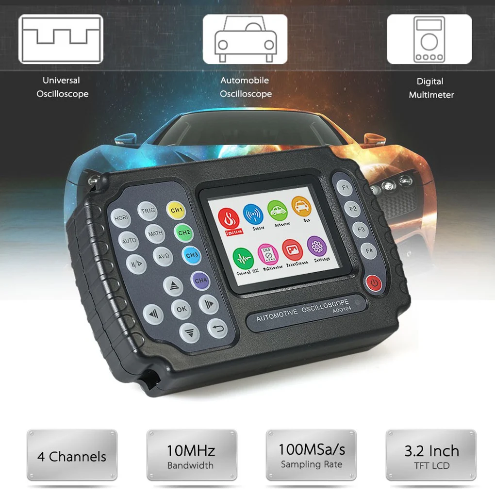 

ADO104 Handheld Digital Storage Automotive Oscilloscope Multimeter LCD 4 Channels 10MHz Bandwidth 100MSa/s Sampling Rate