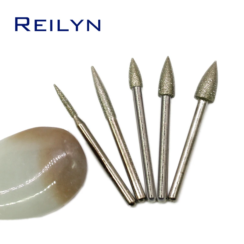 

5pcs Diamond Grinding Point Stone/Jade/Glass Grinding Burr 3mm X 2/3/4/5/6mm Grit 120# Diamond Metal Peeling Bits Emery Burr