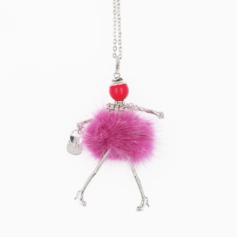 Fashion Lovely Paris Doll Pendant Necklace For Girls Children's Long Necklace Modern Lady's Imitation Rabbit Hair 5 Colors Gift 5 fuchia