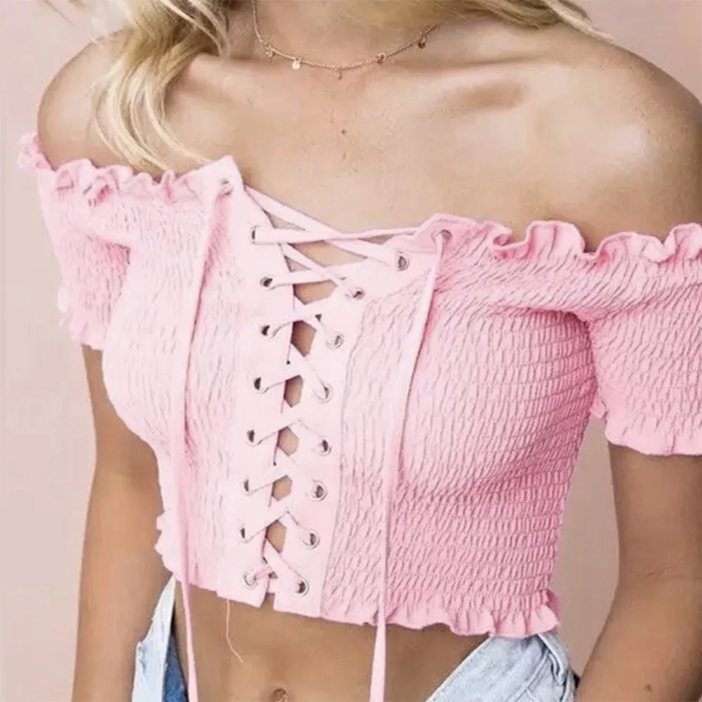 

Streetwear Fashion Slim Summer Short Sleeve Shirt Slash Neck Female Sexy Solid Girl Crop Tops Korean Harajuku Clothes For Women