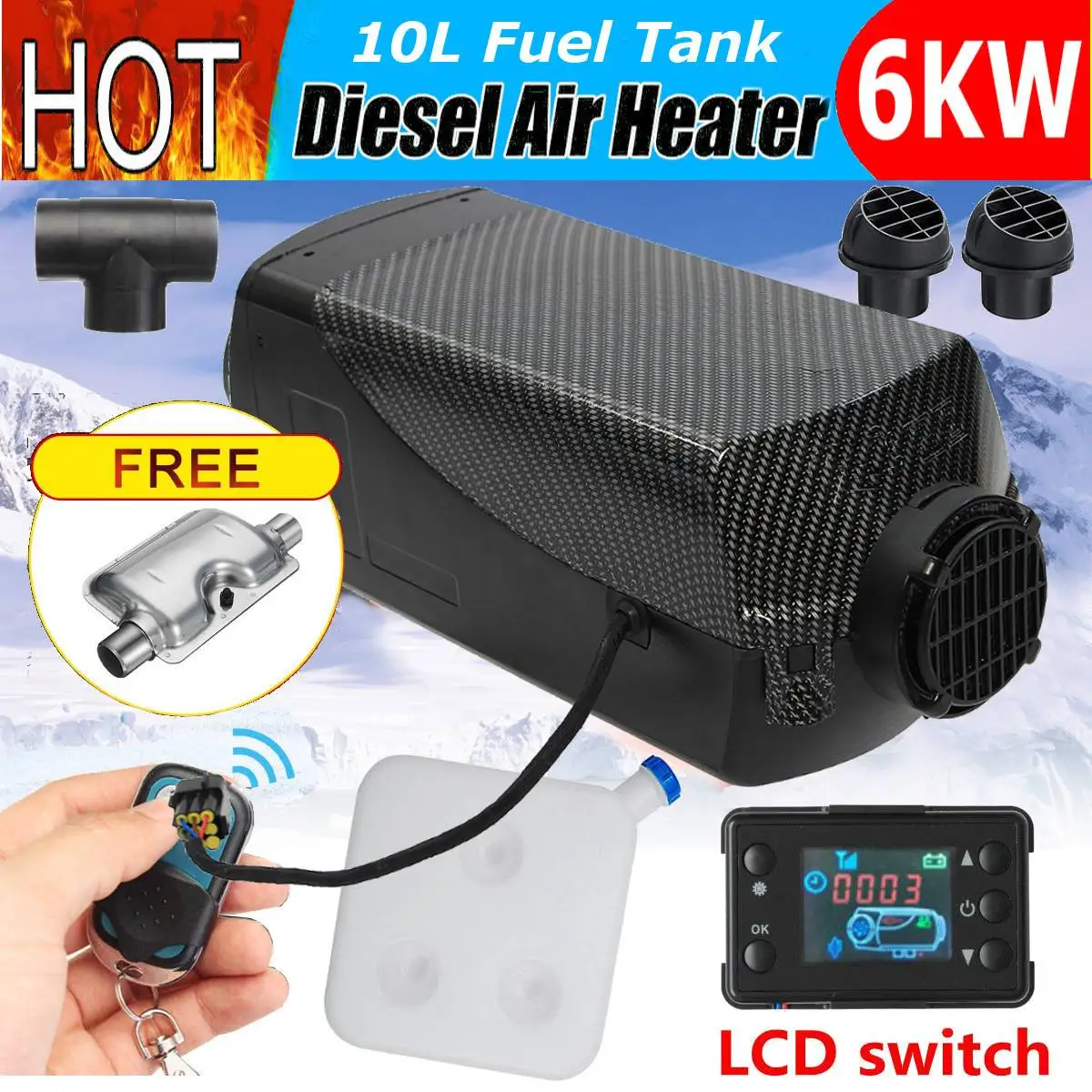 

12V 5000W LCD Monitor Air diesels Fuel Heater Single Hole 6KW Remote Control For Truck Boat Bus Car Trailer Heater With Silencer