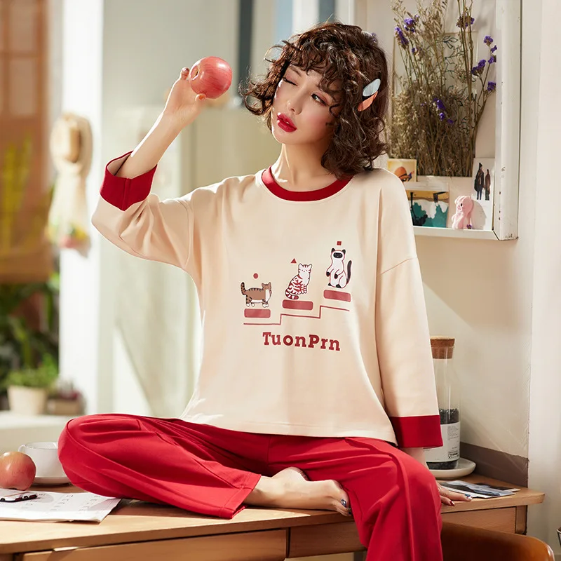 

2019 Pyjamas women summer pajamas suit fashion girl simple letters long sleeve T-shirt + trousers 2pcs large size home clothing
