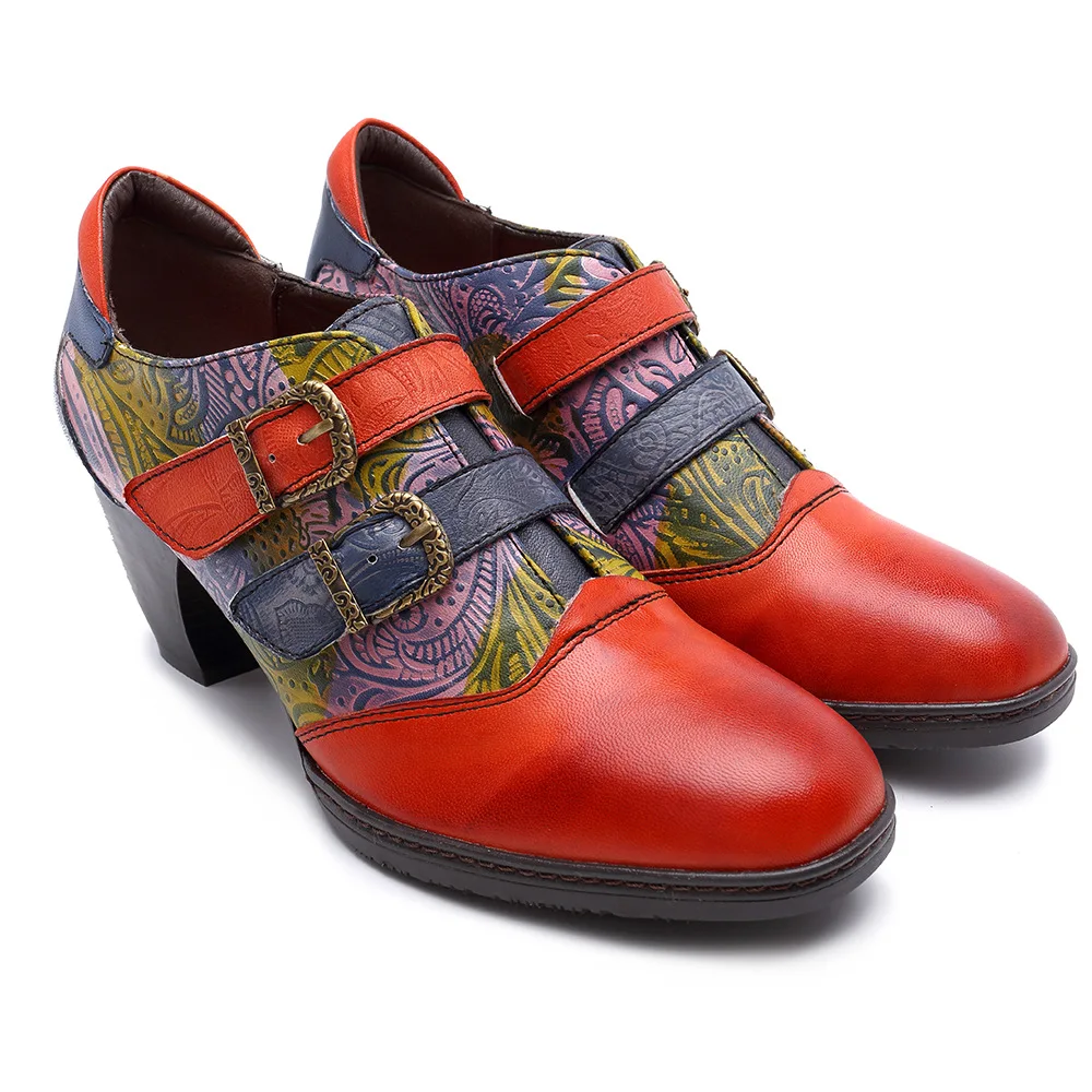 New Buckle Strap Heels Pumps Handmade Mixed Colors Casual Footwear Genuine Leather Comfortable Mother Shoes Woman Large Size 42 (7)