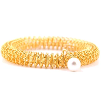 

Gold Color 316L Stainless steel Initial Expandable Wire Pearl Charm Bracelets Bangle for women