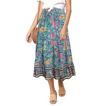 Женские юбки с цветочным принтом в стиле бохо с высокой талией, повседневная Праздничная пляжная одежда, модные летние юбки миди с оборками, женские пуловеры