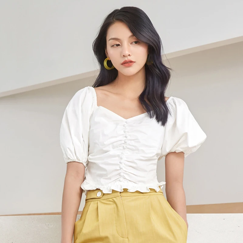2019 SUMMER Women formal white elegant blouse Crop Top Spliced Puff Short Sleeve casual Blouse Camisa Feminina |