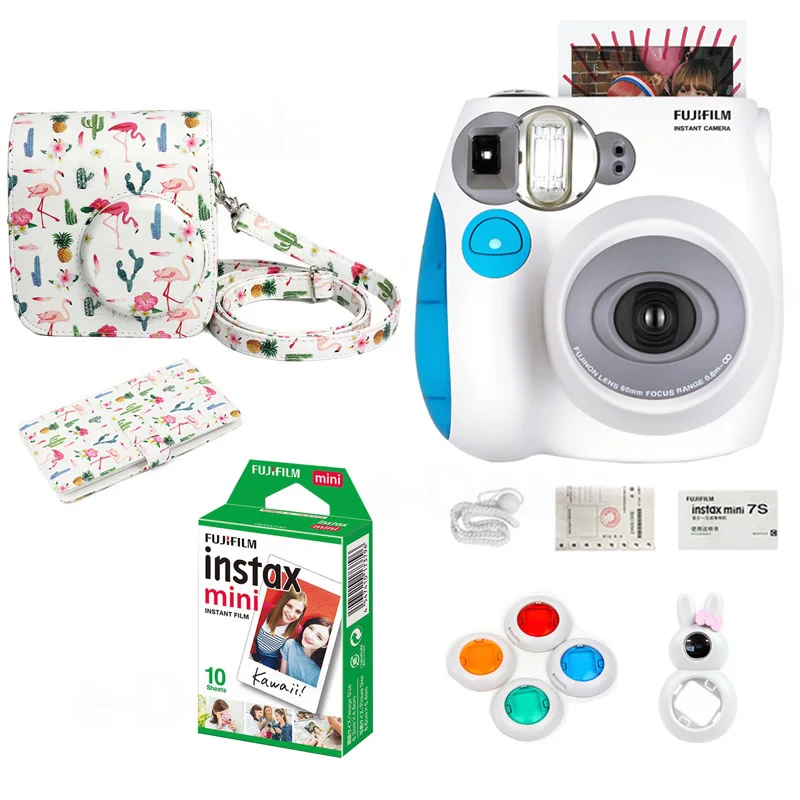 Fujifilm Instax Mini 7 s Мгновенный Набор Фото камеры с 10 листов пленки, кролик линзы для селфи, цветные фильтры, Cam Case, фотоальбом - Цвет: blue set 1