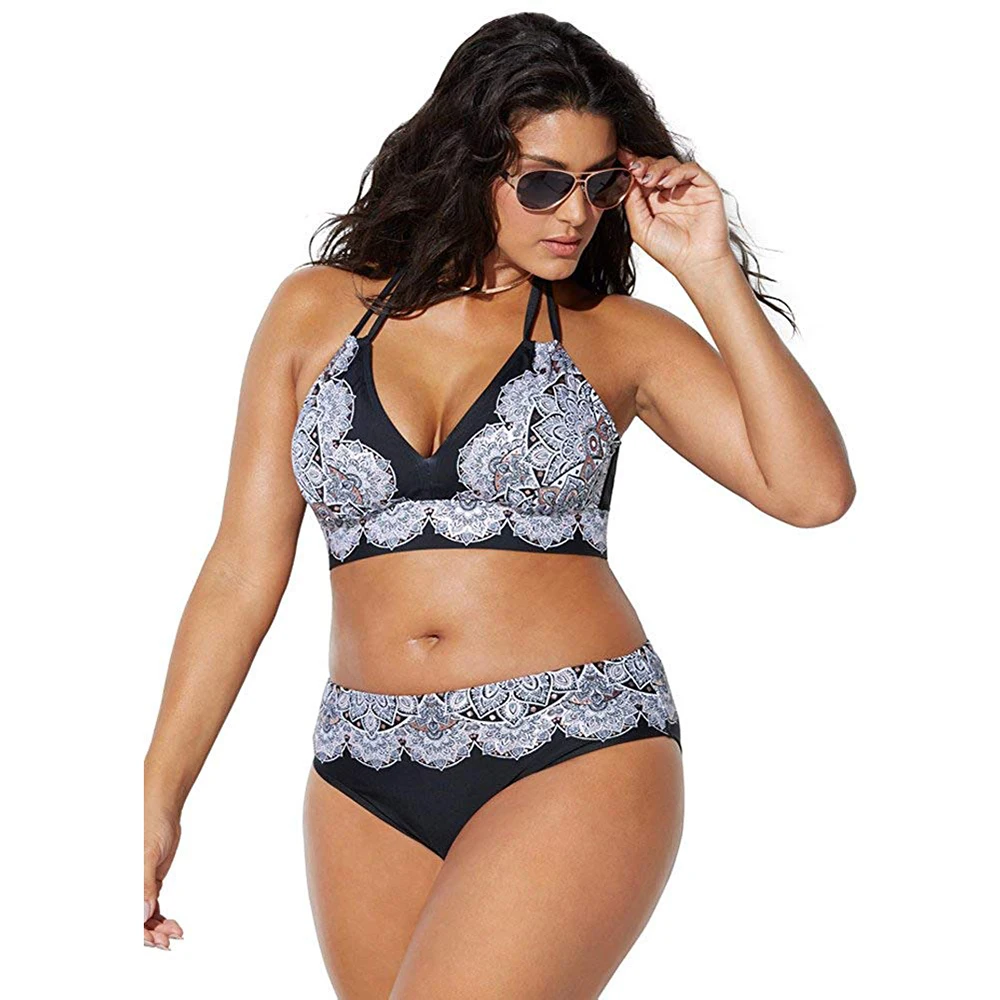 

Plus Size 2019 Sexy Fat Ladies Halter Bikini Women Bandage Print Padded Bra Bikini Set High Cut Swimsuit Beachwear Suit Swimwear