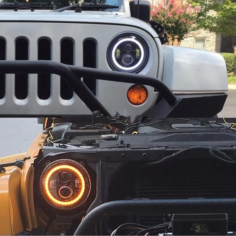 7 Inch Round LED Headlights Assembly with Halo Ring Angel Eye & DRL & Turn Signal Light for Offroad Jeep JK TJ CJ Hummer zczx